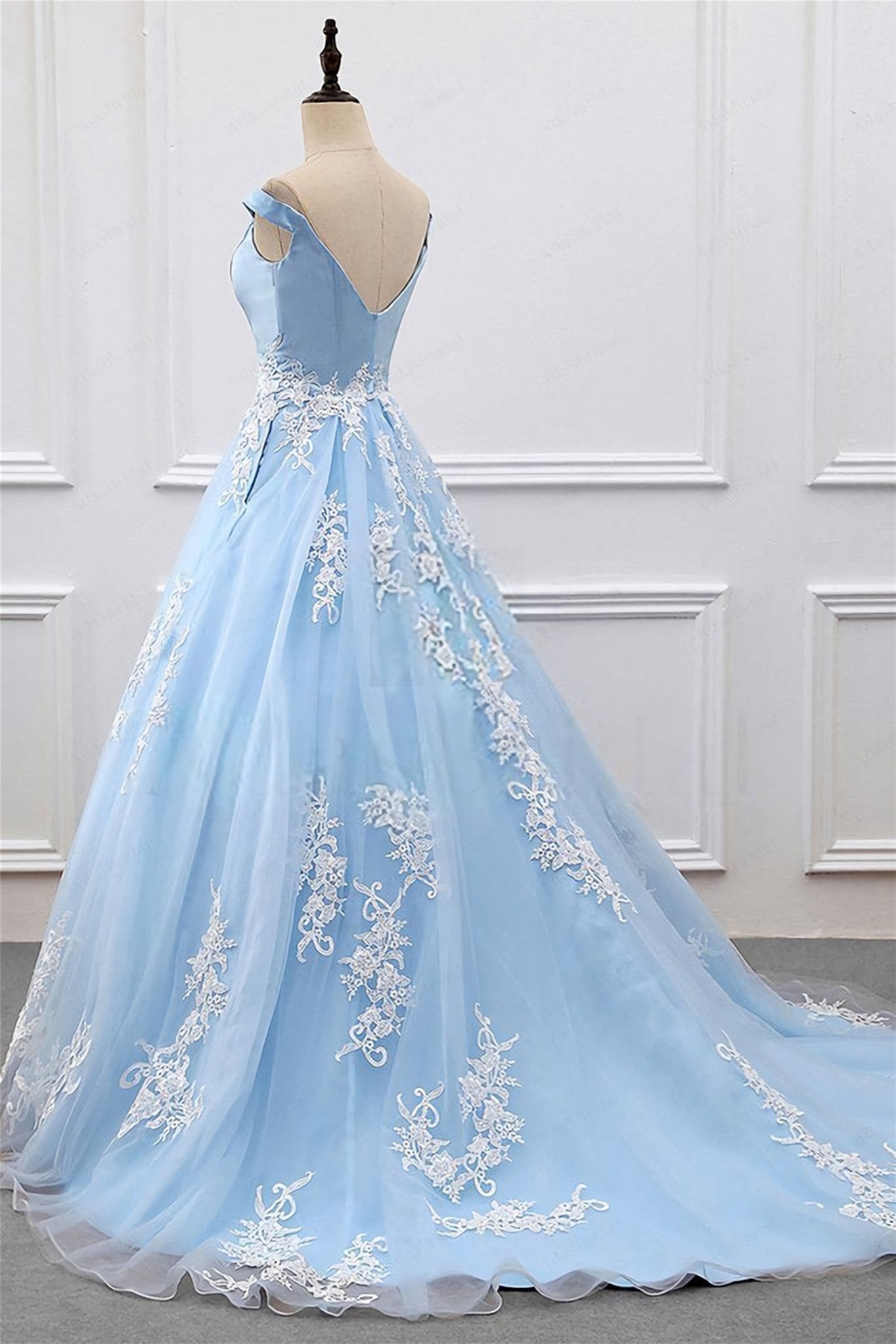 Light Blue Appliques Off-Shoulder A-line Gemmanovae Long Prom Dress