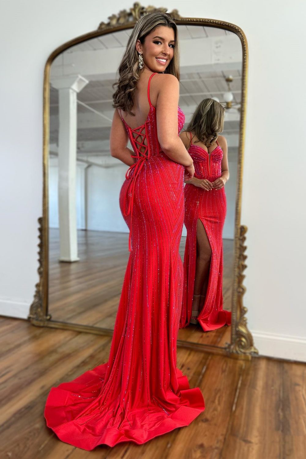 Sparkly Red Mermaid Spaghetti Straps Long Beaded Prom Dress With Split