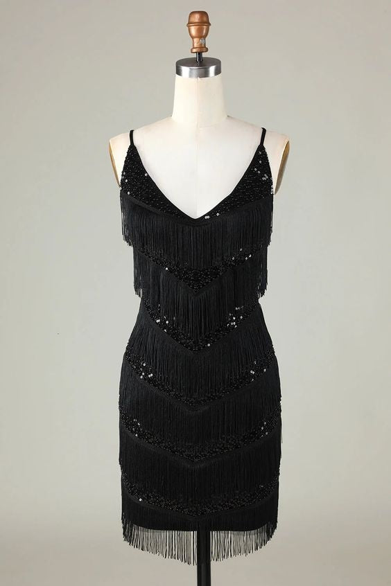 Sparkly Black Sequins Beaded Tight Gemmanovae Short Homecoming Dress with Fringes