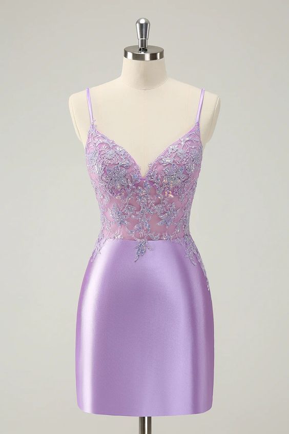 Sparkly Bodycon Lilac Spaghetti Straps Gemmanovae Homecoming Dress with Sequins