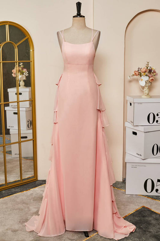 Pink Lace-Up Mermaid Layers Chiffon Gemmanovae Long Prom Dress