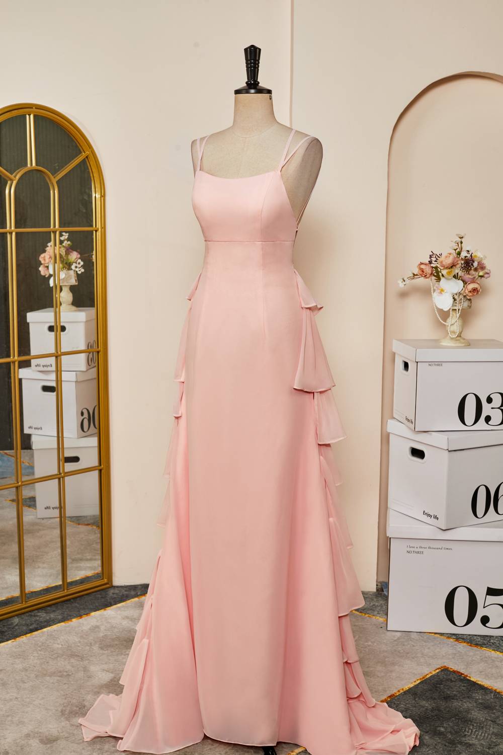 Pink Lace-Up Mermaid Layers Chiffon Gemmanovae Long Prom Dress