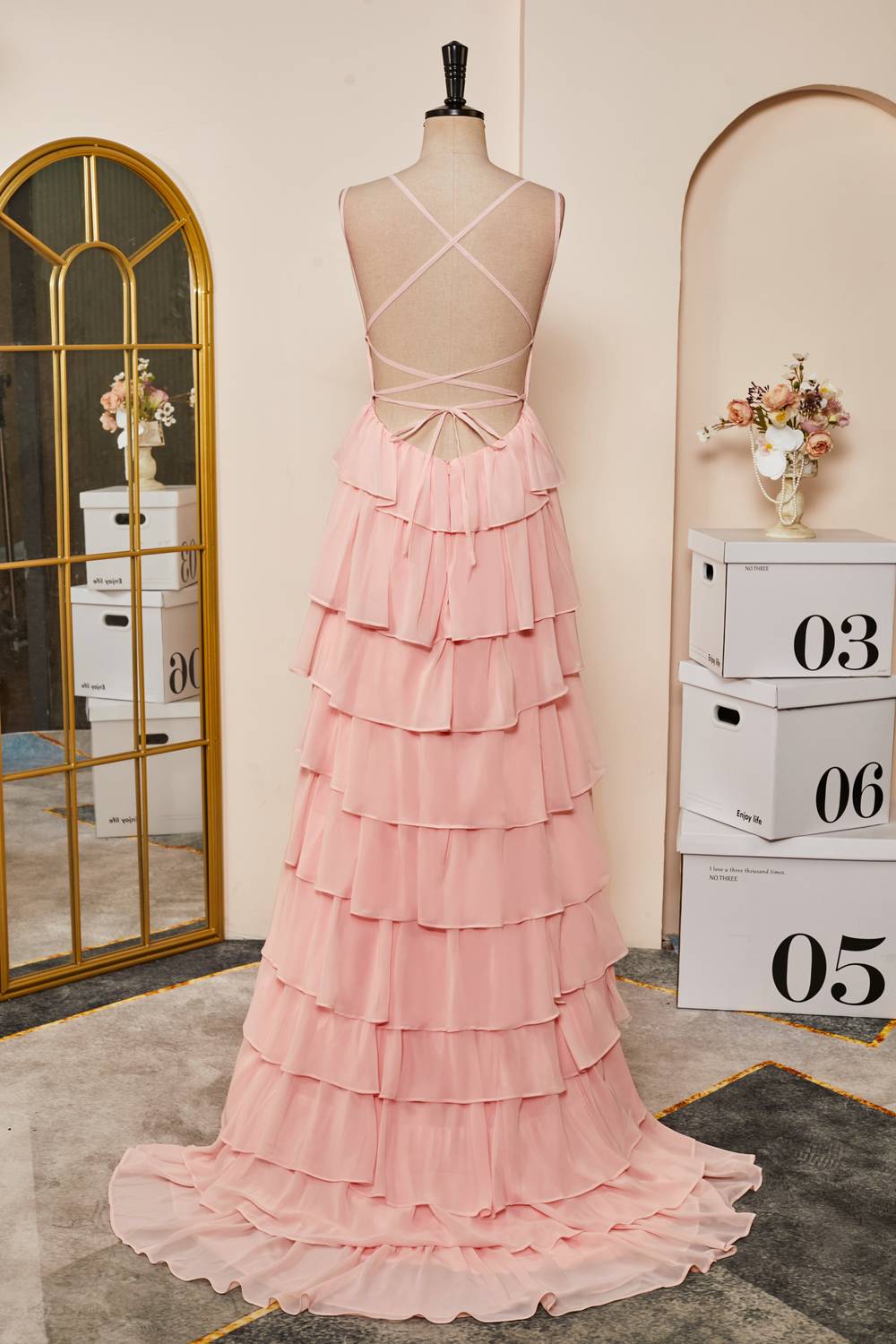 Pink Lace-Up Mermaid Layers Chiffon Gemmanovae Long Prom Dress