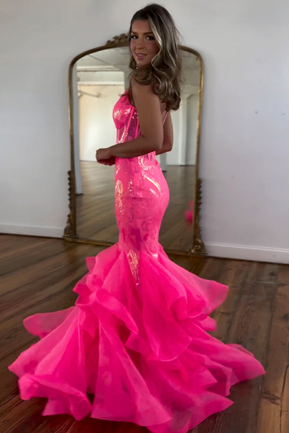 Stunning Hot Pink Mermaid Spaghetti Straps Long Glitter Prom Dress With Ruffles