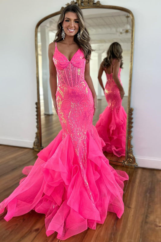 Stunning Hot Pink Mermaid Spaghetti Straps Long Glitter Prom Dress With Ruffles