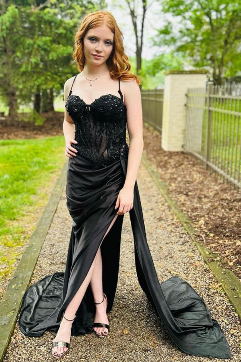 Stunning Mermaid Spaghetti Straps Long Glitter Prom Dress with High Slit