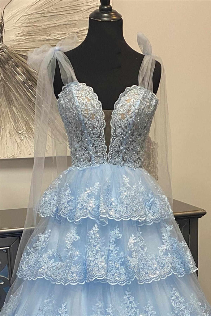 Light Blue Floral Appliques Bow Tie Straps A-line Gemmanovae Long Prom Dress