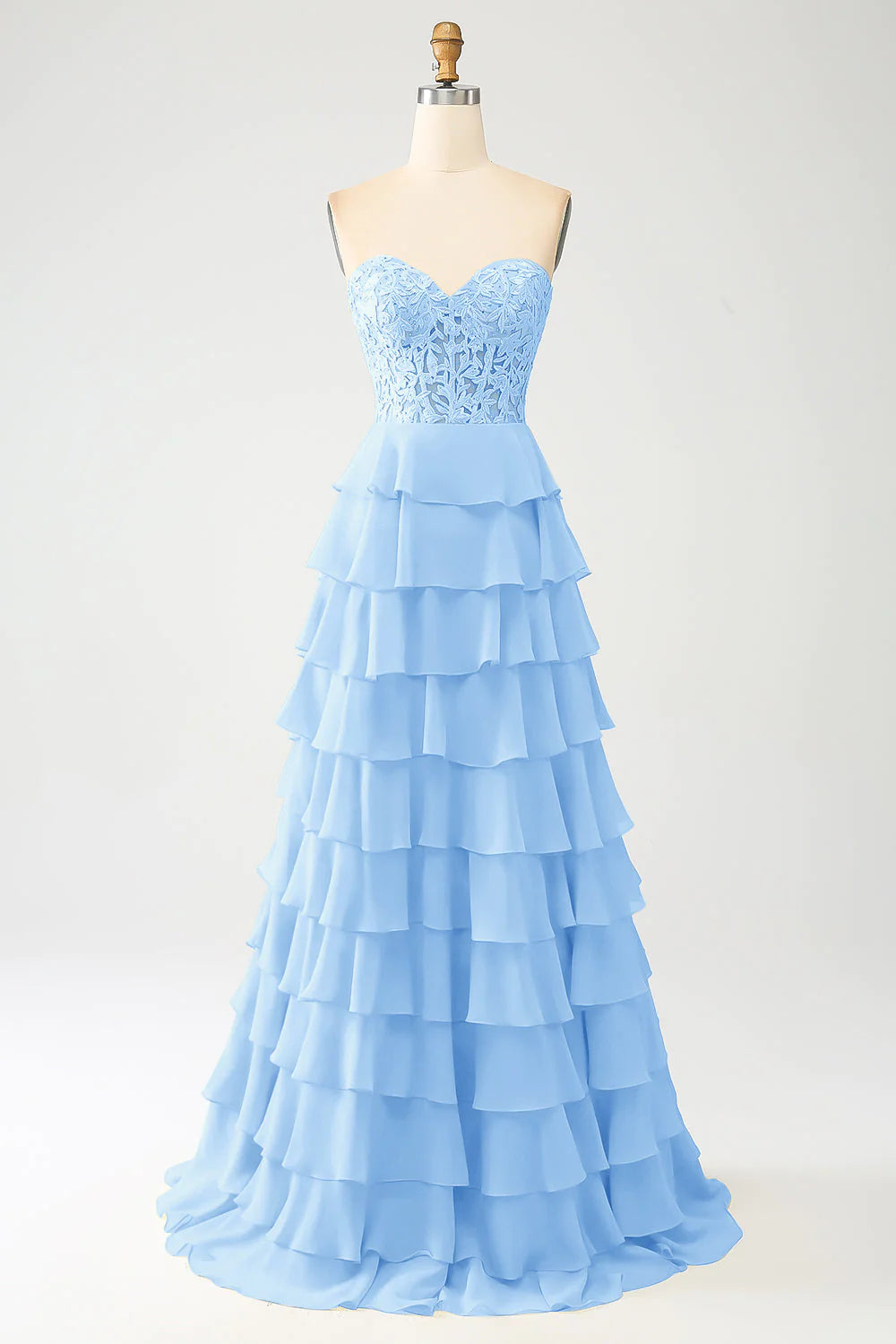 Light Blue Sweetheart Lace Up Long Tiered Chiffon Prom Dress With Slit