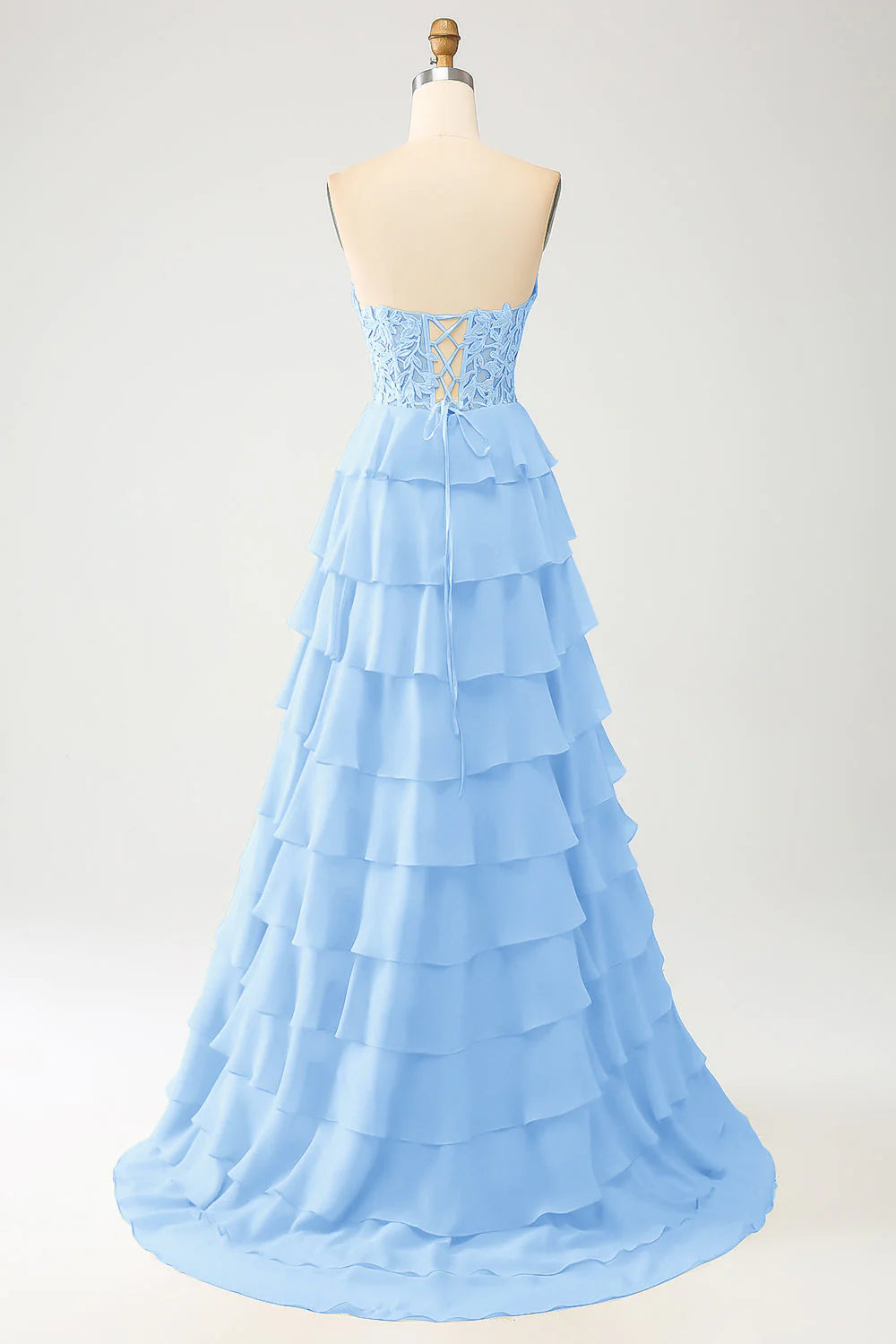 Light Blue Sweetheart Lace Up Long Tiered Chiffon Prom Dress With Slit