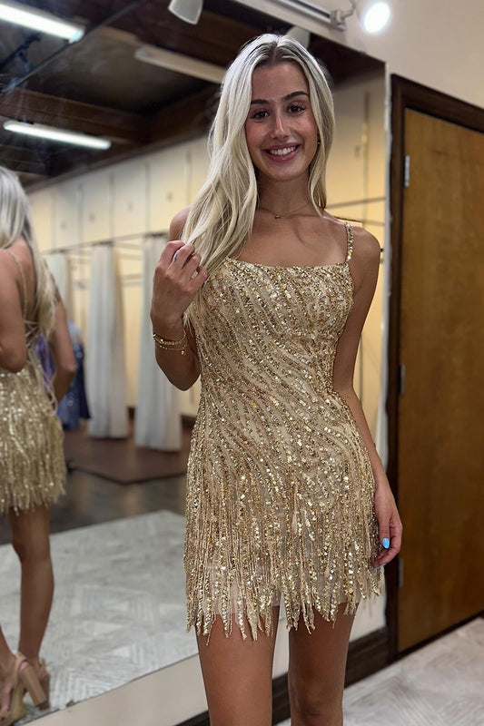 Golden Spaghetti Straps Sequins Bodycon Short Homecoming Dress with Tassel