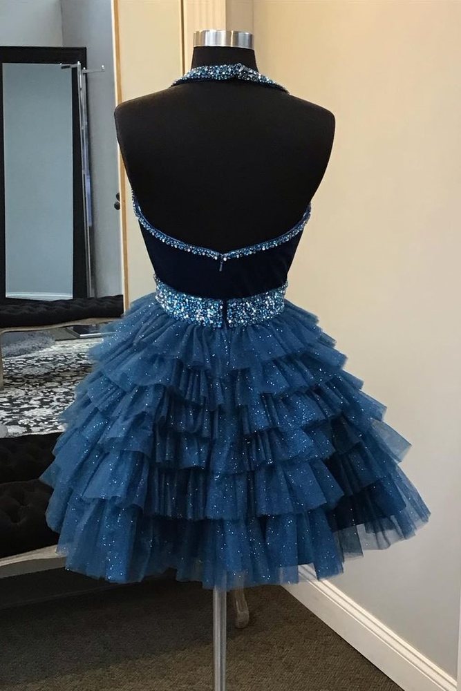 Gemmanovae Halter Turquoise Beaded A-line Short Ruffle Homecoming Dress