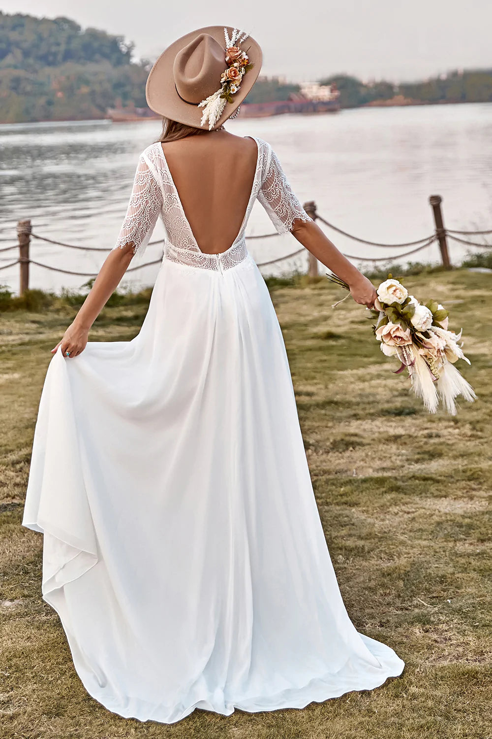 Ivory Lace Chiffon Half Sleeves Boho Wedding Dress With Slit