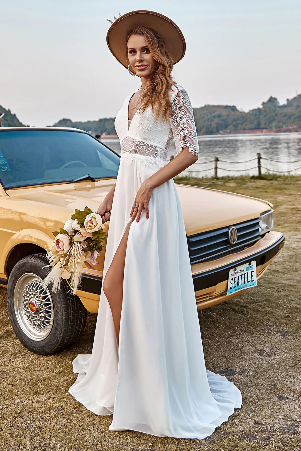 Ivory Lace Chiffon Half Sleeves Boho Wedding Dress With Slit