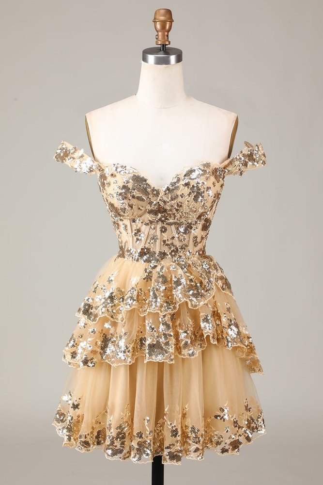 Women Sparkly Golden Gemmanovae Homecoming Dress Corset Tiered Cocktail Dress