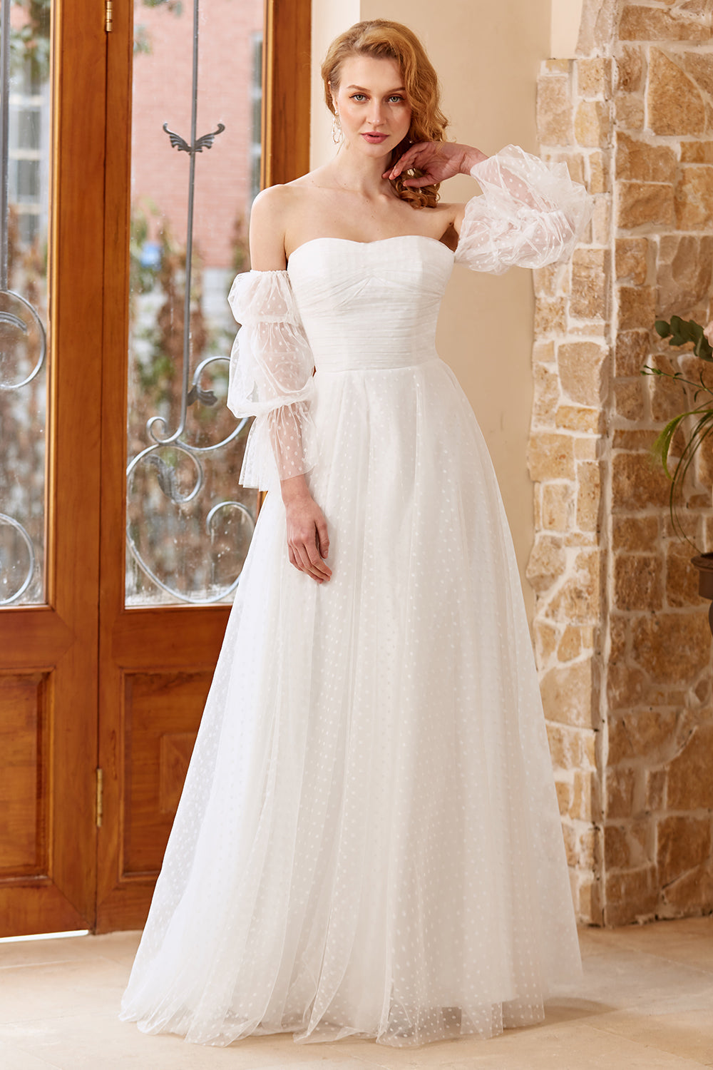 White Tulle Off Shoulder Wedding Dress