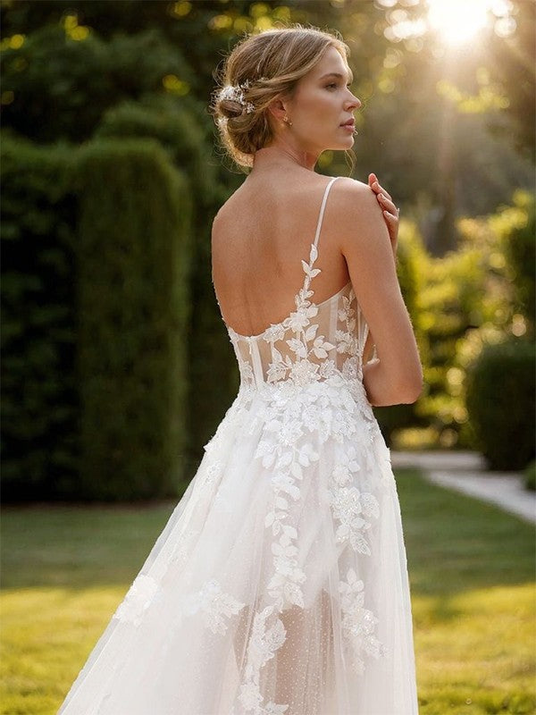 A-line Tulle Appliques Lace Spaghetti Straps Sleeveless Court Train Wedding Dress