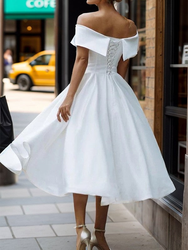 A-line Off-the-Shoulder Pleated Tea-Length Satin Wedding Dress