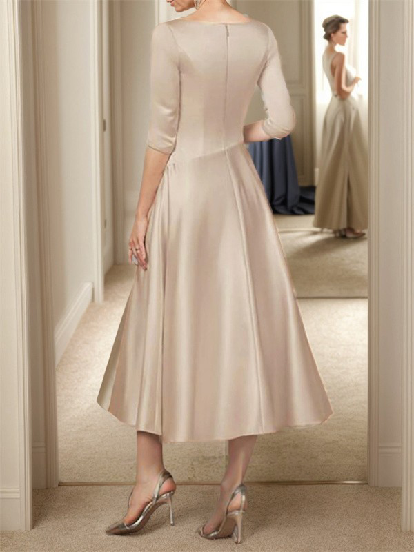 A-line V-neck 3/4 Sleeves Pleated Tea-Length Satin Mother of the Bride Dress