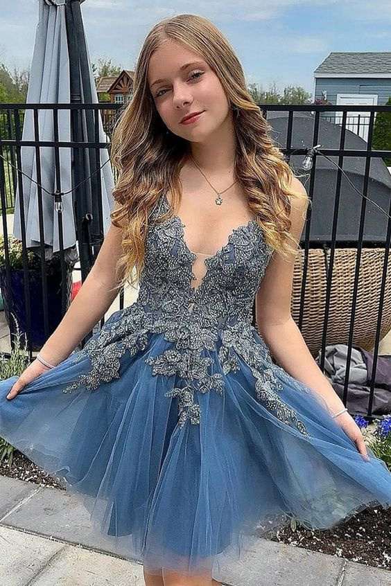 Gemmanovae Grey Blue A Line Spaghetti Straps Tulle Short Homecoming Dress