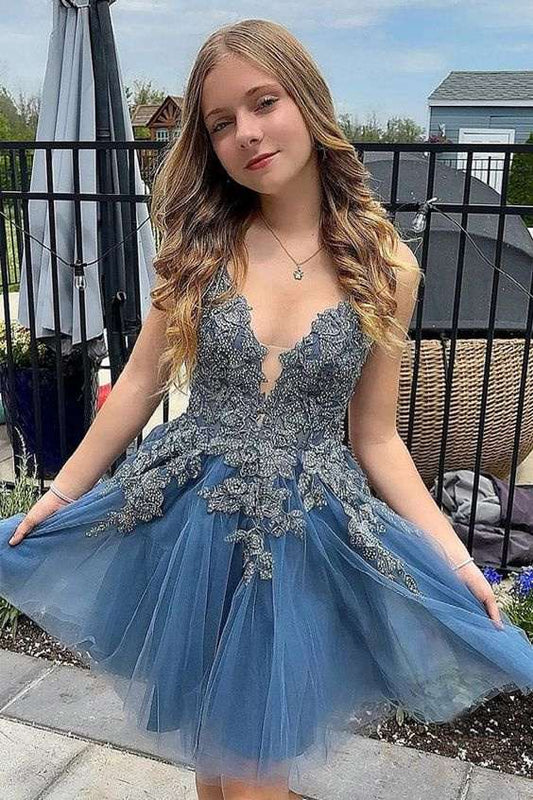 Gemmanovae Grey Blue A Line Spaghetti Straps Tulle Short Homecoming Dress