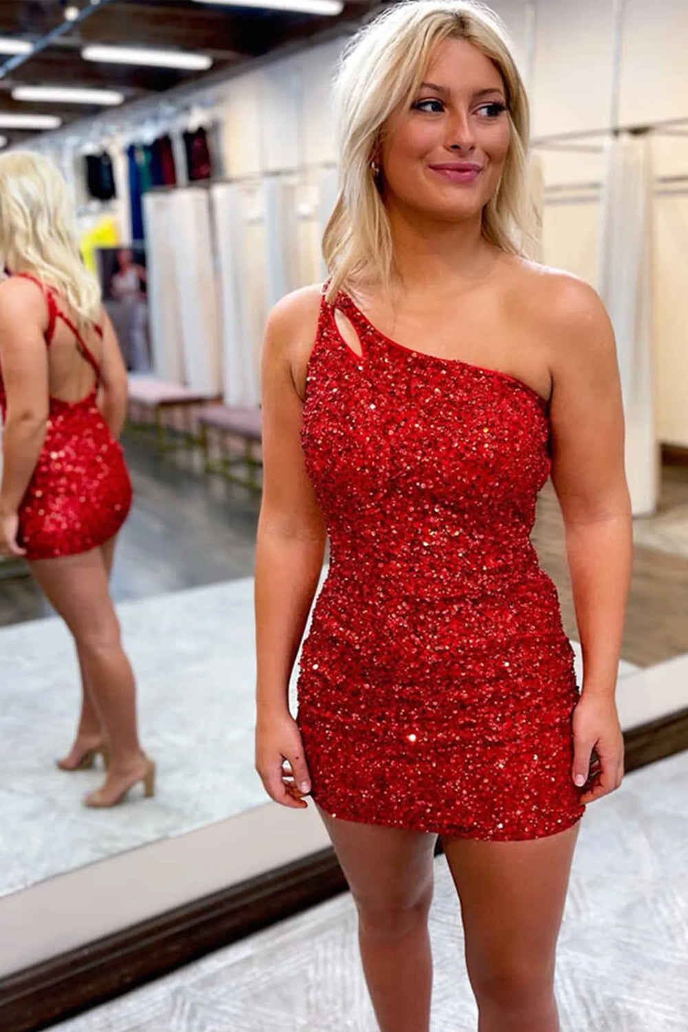 Bodycon One Shoulder Orange Sequins Open Back Short Homecoming Dress