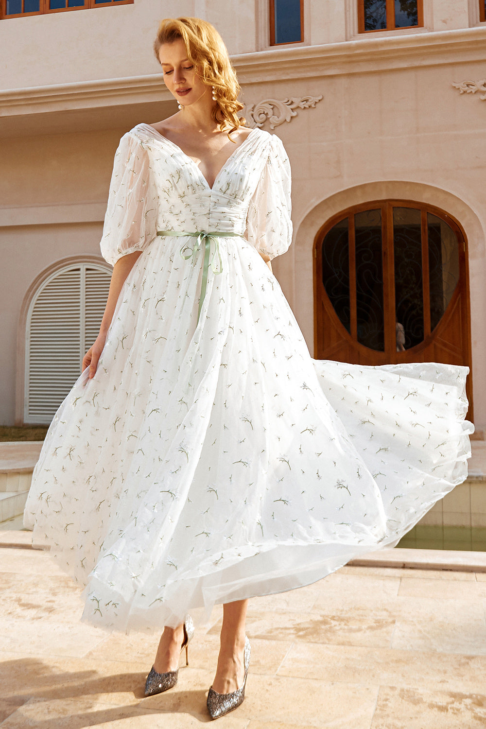 Print Tulle Midi Wedding Dress