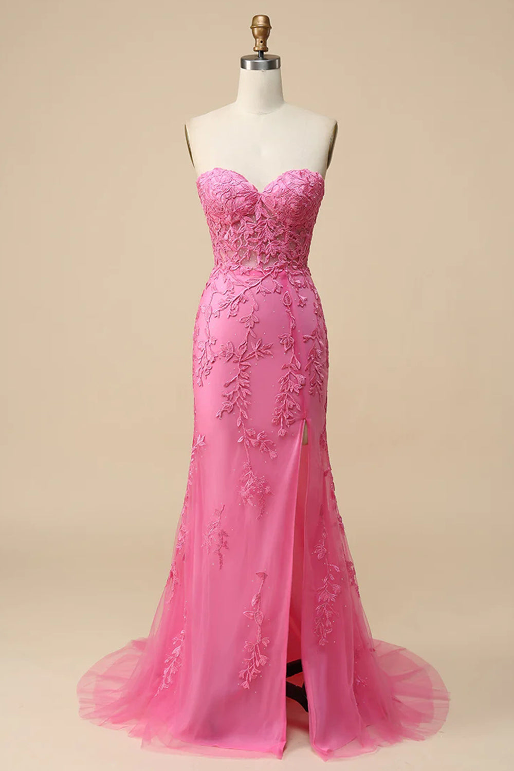 Pink Corset Sweetheart Long Lace Prom Dress with Slit