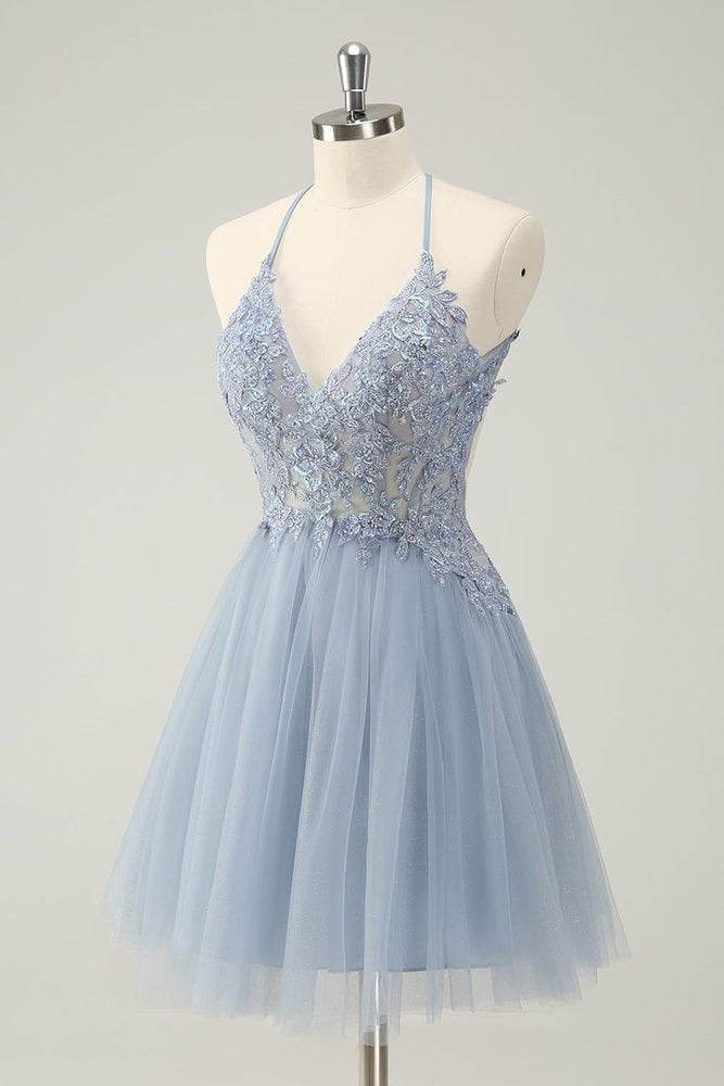 Sparkly Dusty Blue A Line Halter Gemmanovae Homecoming Dress with Appliques