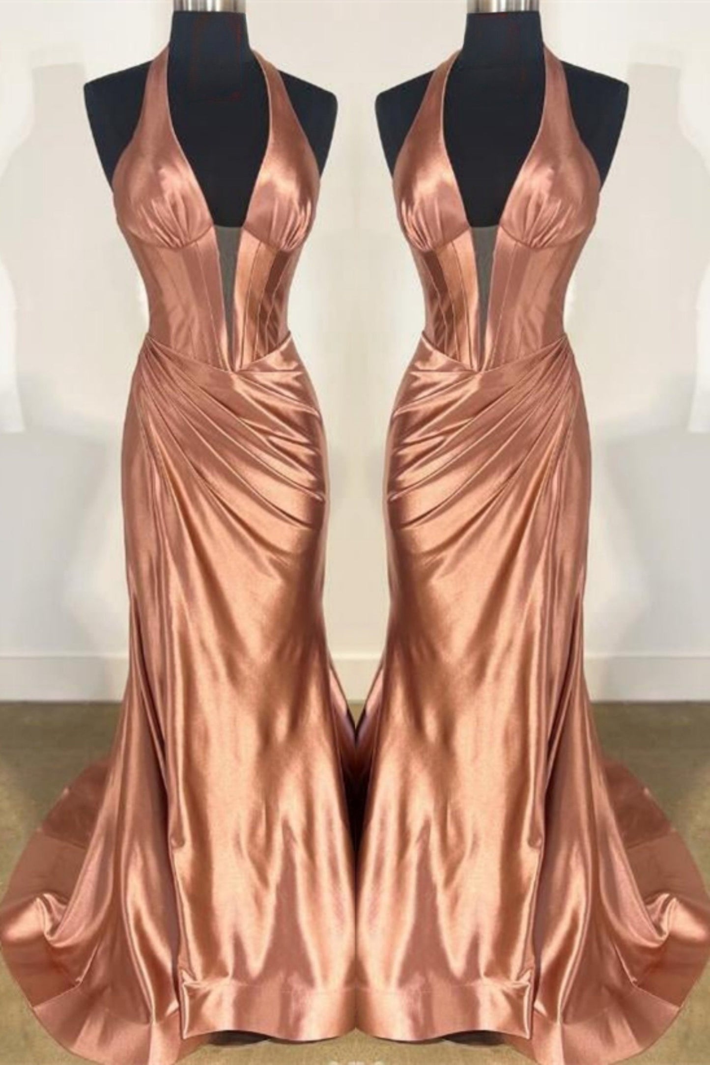 Gemmanovae Dusty Pink Plunging V Halter Mermaid Long Prom Dress