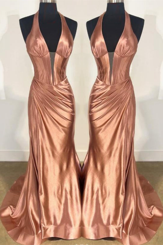 Gemmanovae Dusty Pink Plunging V Halter Mermaid Long Prom Dress