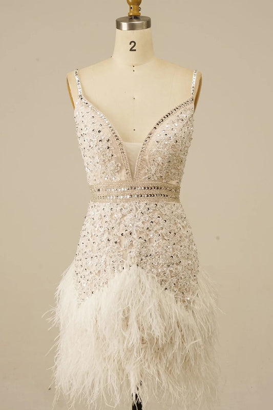 White Spaghetti Straps Sequins Short Homecoming Dress with Feather