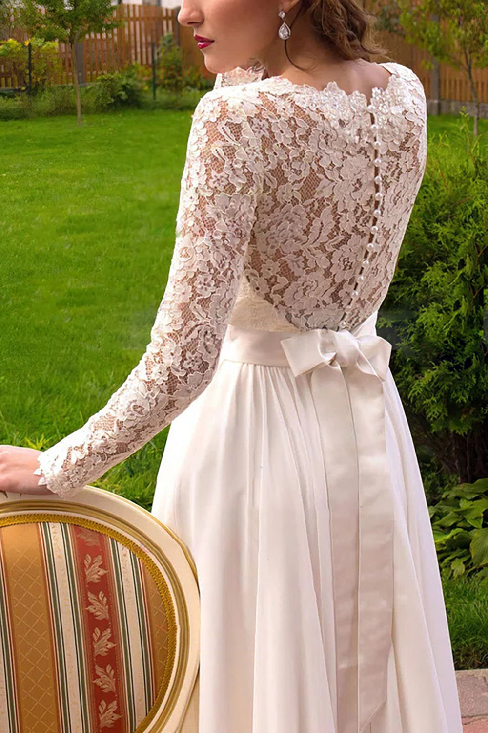 White Long Sleeves Lace and Chiffon Wedding Dress