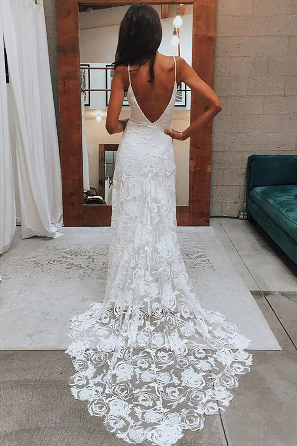 White Lace Mermaid Wedding Dress With Sweep Train