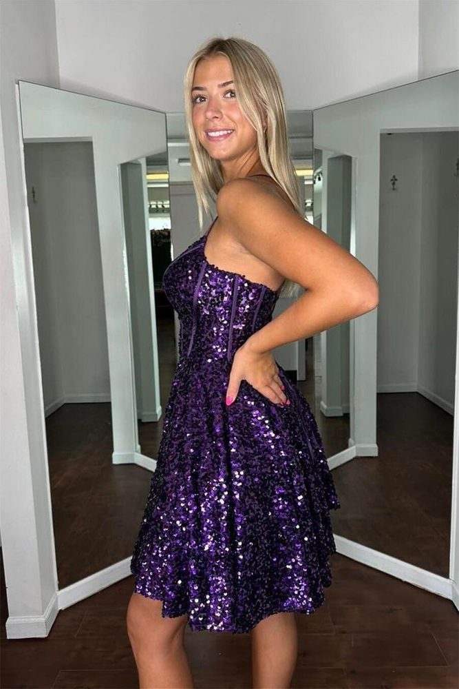 Purple Sequin A-line Short Gemmanovae Homecoming Dress