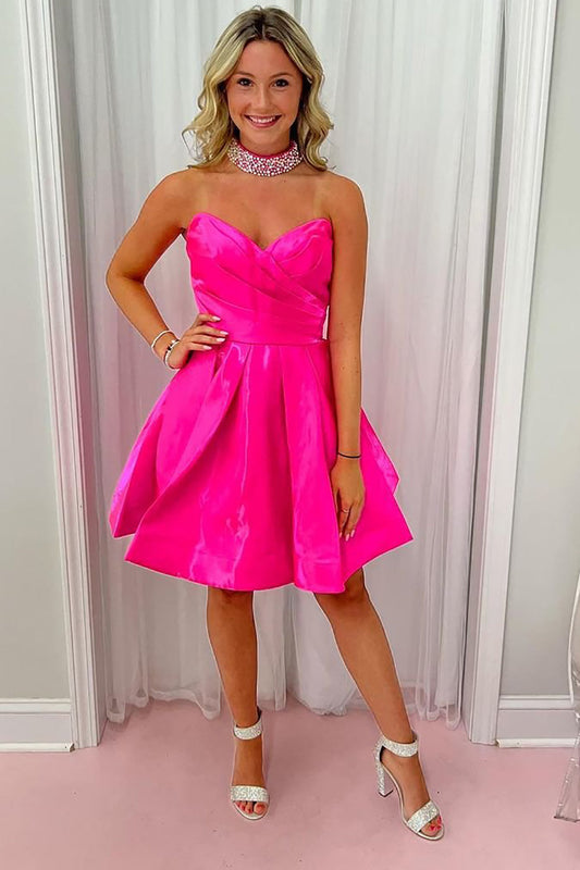 Unique A Line Sweetheart Hot Pink Short Homecoming Dress with Ruched (necklace is not included)