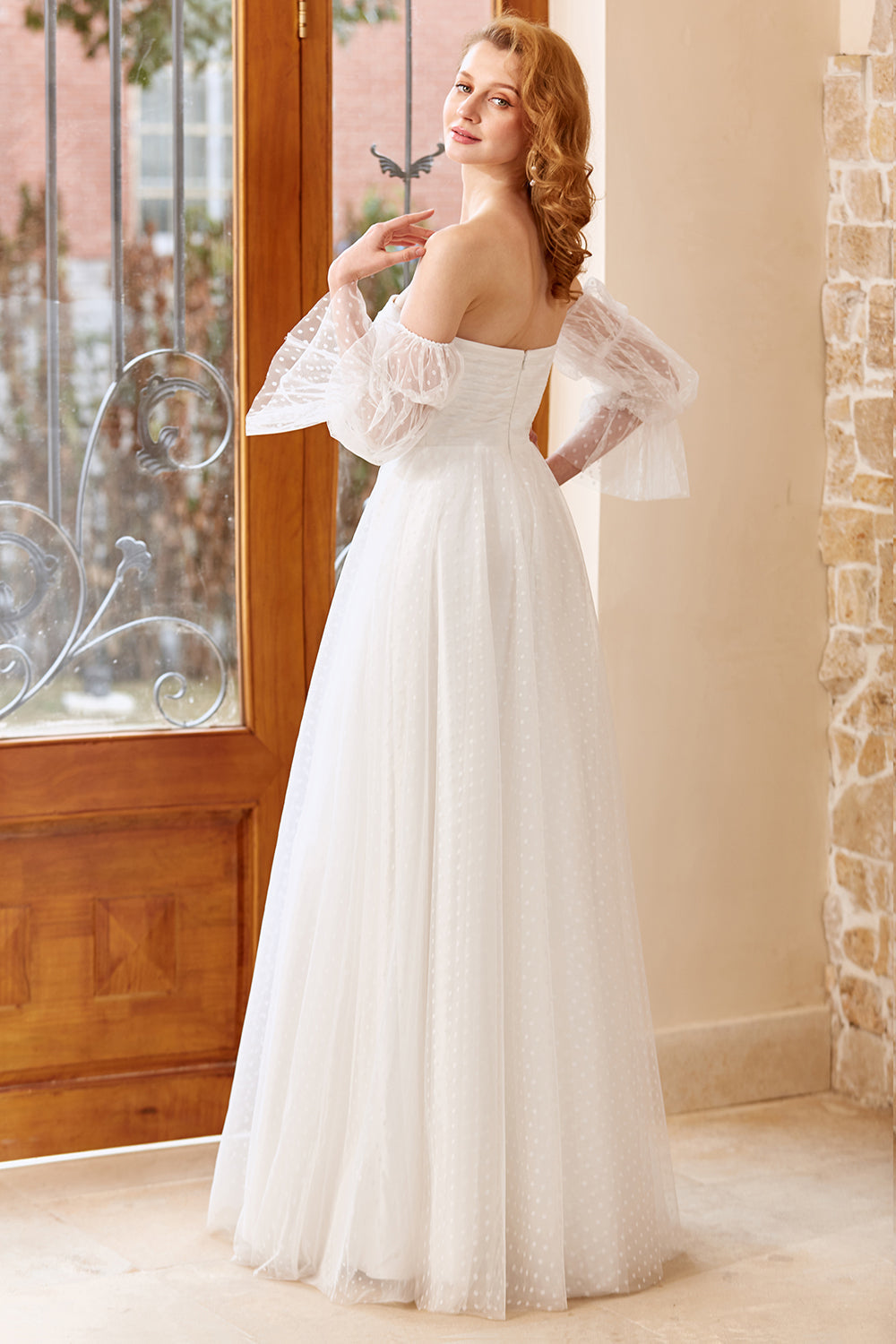 White Tulle Off Shoulder Wedding Dress