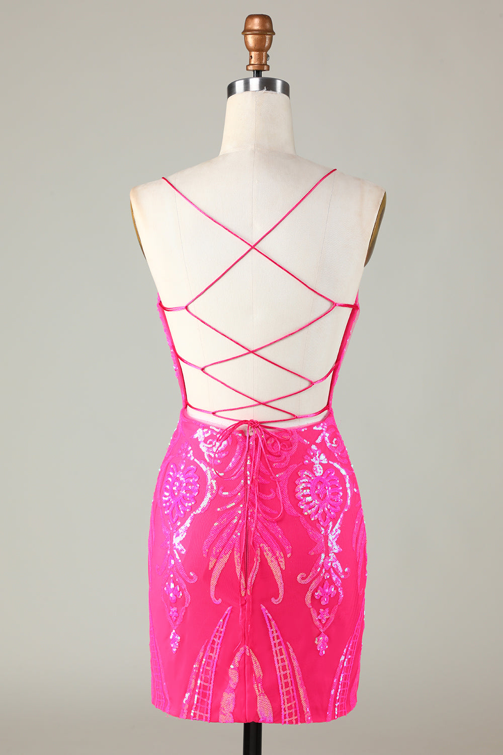 Stylish Bodycon Spaghetti Straps Hot Pink Short Homecoming Dress with Criss Cross Back