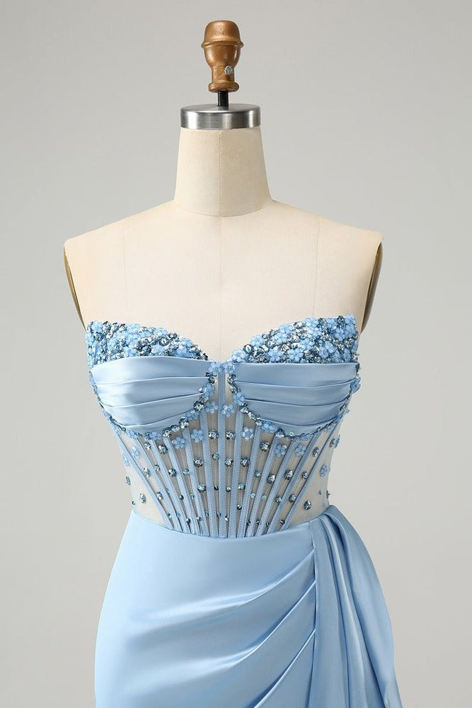 Sparkly Blue Bodycon Gemmanovae Corset Homecoming Dress with Beading Sweetheart Cocktail