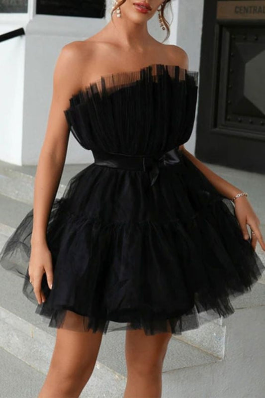 Sexy Prom Solid Color Mesh Bow Decor Strapless Evening Dresses Gemmanovae Homecoming Dresses