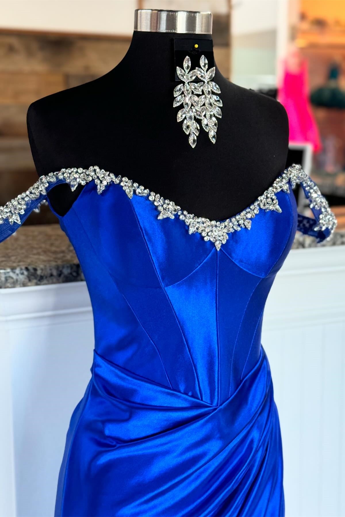 Royal Blue Off-Shoulder Mermaid Satin Rhinestones Gemmanovae Long Prom Dress with Slit