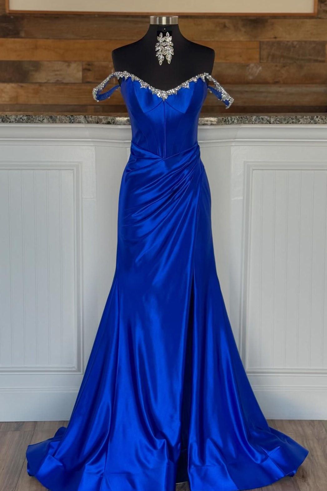 Royal Blue Off-Shoulder Mermaid Satin Rhinestones Gemmanovae Long Prom Dress with Slit