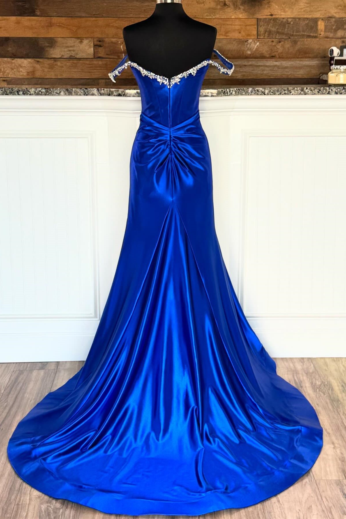 Royal Blue Off-Shoulder Mermaid Satin Rhinestones Gemmanovae Long Prom Dress with Slit