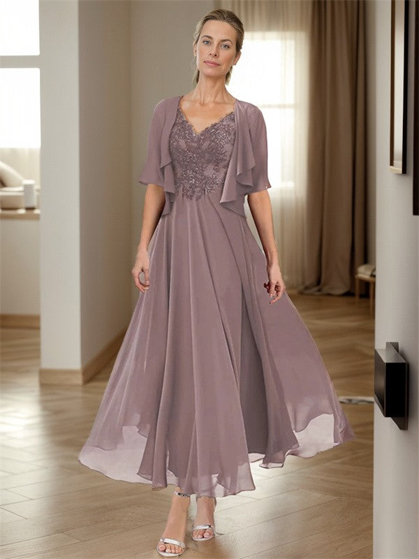 A-line V-neck Short Sleeves Ruffles Ankle-Length Chiffon Mother of the Bride Dress