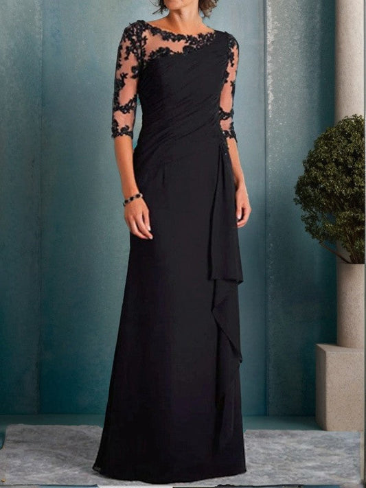 Sheath/Column Scoop 3/4 Sleeves Floor-Length Chiffon Mother of the Bride Dress