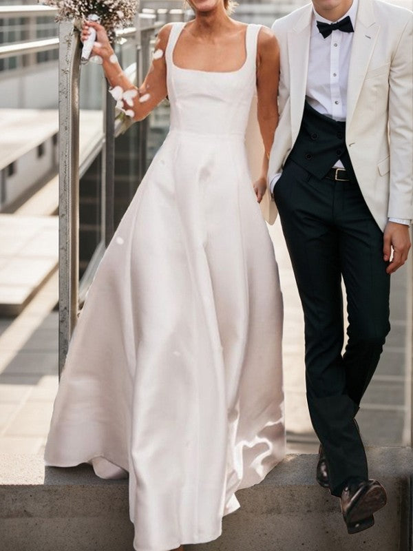 A-line Square Floor-Length Satin Wedding Dress