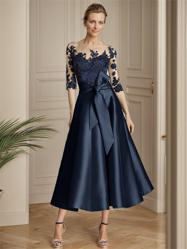 A-line Illusion 3/4 Sleeves Bow Tea-Length Satin Mother of the Bride Dress