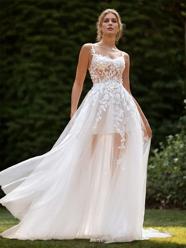 A-line Tulle Appliques Lace Spaghetti Straps Sleeveless Court Train Wedding Dress