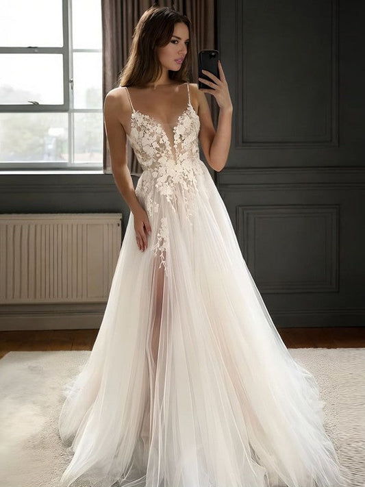 A-line Spaghetti Straps Appliques Lace Sweep Train Tulle Wedding Dress