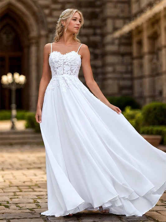 A-line Chiffon Appliques Lace Spaghetti Straps Sleeveless Sweep Train Wedding Dress