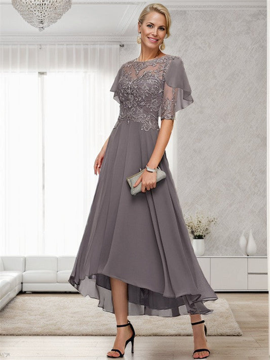 A-line Bateau 1/2 Sleeves Ruffles Asymmetrical Chiffon Mother of the Bride Dress